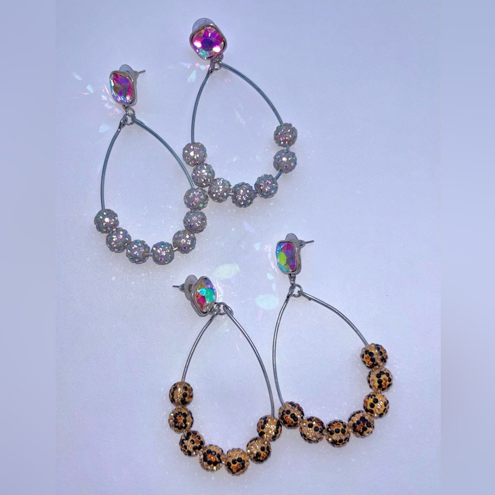 Teardrop Sparkle Bead and Iridescent Stone Post Back Earring Set